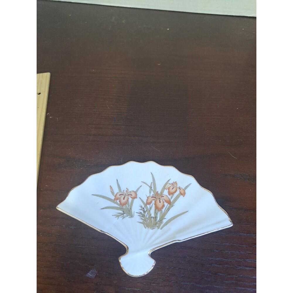 1970s Fine China Of Japan Orange Iris With Gold Trim Fan Shape Trinket Dish
